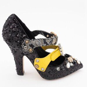 Dolce & Gabbana Mary Janes- Black Crystal Studded Heel Shoes